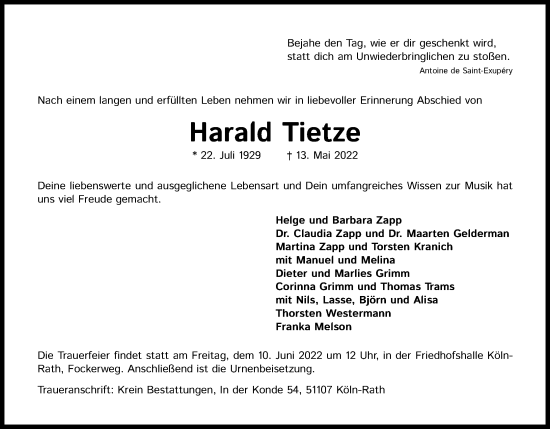 Traueranzeigen Von Harald Tietze WirTrauern