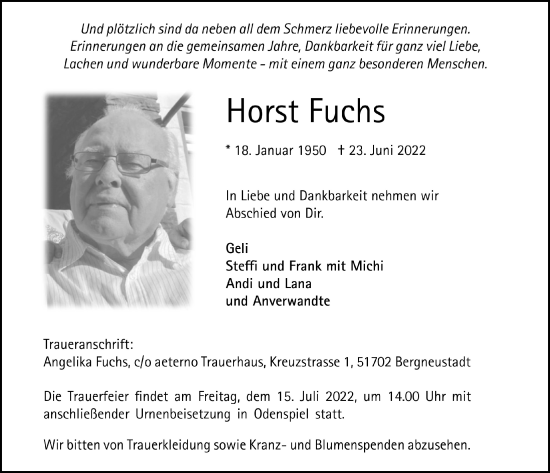 Traueranzeigen Von Horst Fuchs WirTrauern