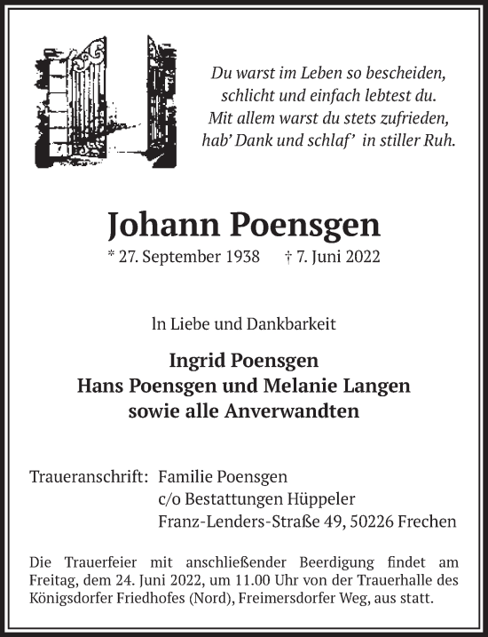 Traueranzeigen Von Johann Poensgen WirTrauern