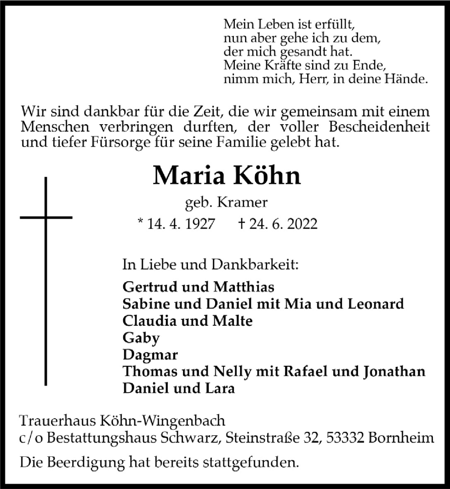 Traueranzeigen Von Maria K Hn Wirtrauern