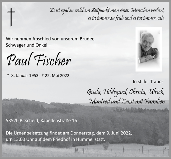 Traueranzeigen Von Paul Fischer Wirtrauern