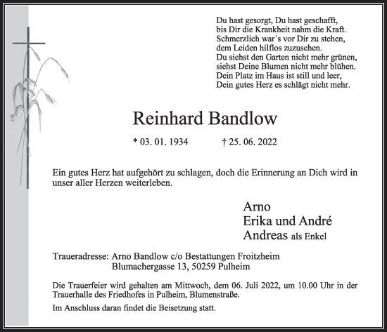 Traueranzeigen Von Reinhard Bandlow Wirtrauern