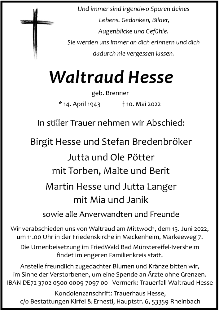 Traueranzeigen Von Waltraud Hesse WirTrauern