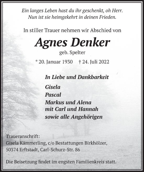 Traueranzeigen Von Agnes Denker WirTrauern