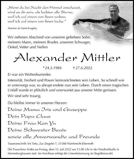 Traueranzeigen Von Alexander Mittler Wirtrauern