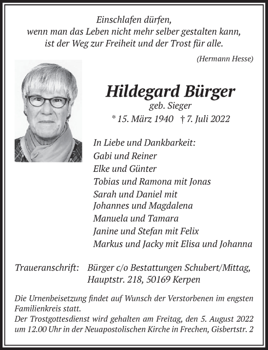 Traueranzeigen Von Hildegard B Rger Wirtrauern