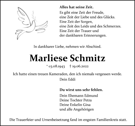 Traueranzeigen Von Marliese Schmitz Wirtrauern