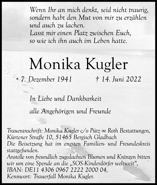 Traueranzeigen Von Monika Kugler WirTrauern