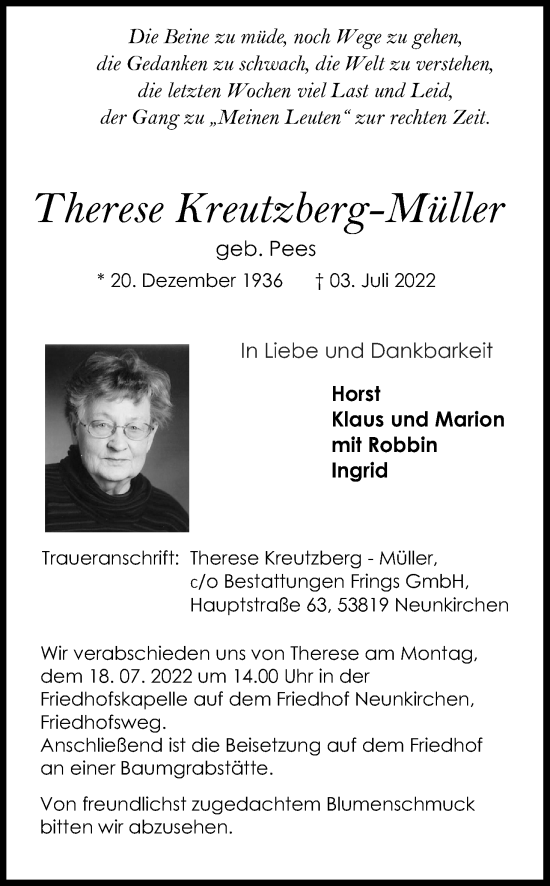 Traueranzeigen von Therese Kreutzberg Müller WirTrauern