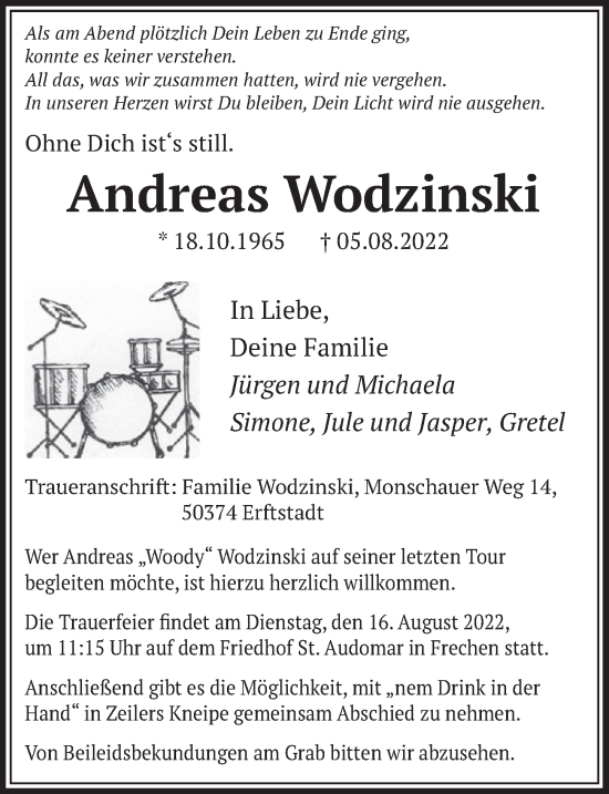 Traueranzeigen Von Andreas Wodzinski WirTrauern