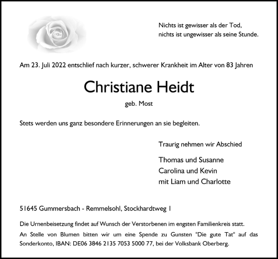 Traueranzeigen Von Christiane Heidt Wirtrauern