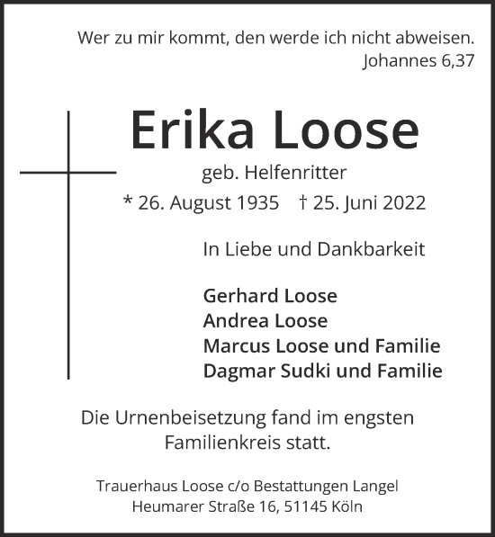 Traueranzeigen Von Erika Loose WirTrauern