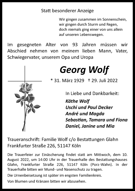 Traueranzeigen Von Georg Wolf Wirtrauern