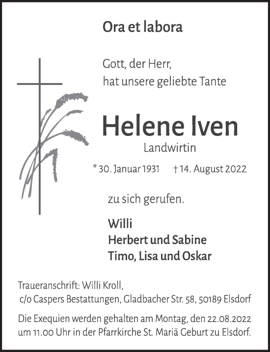 Traueranzeigen Von Helene Iven WirTrauern