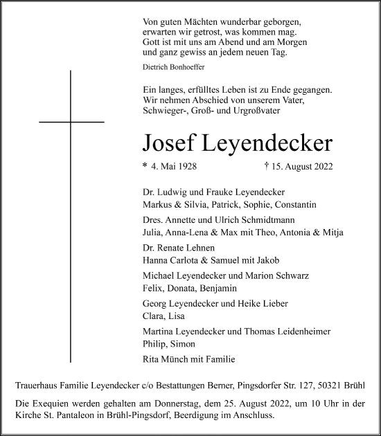 Traueranzeigen Von Josef Leyendecker WirTrauern