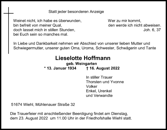 Traueranzeigen Von Lieselotte Hoffmann Wirtrauern