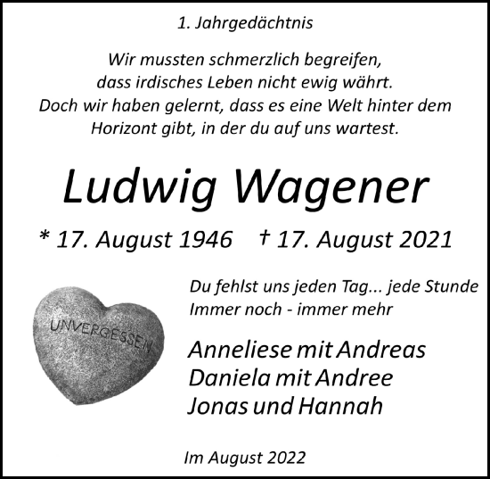 Anzeige von Ludwig Wagener von  Lokalanzeiger 