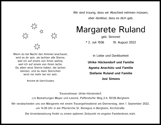 Traueranzeigen Von Margarete Ruland Wirtrauern