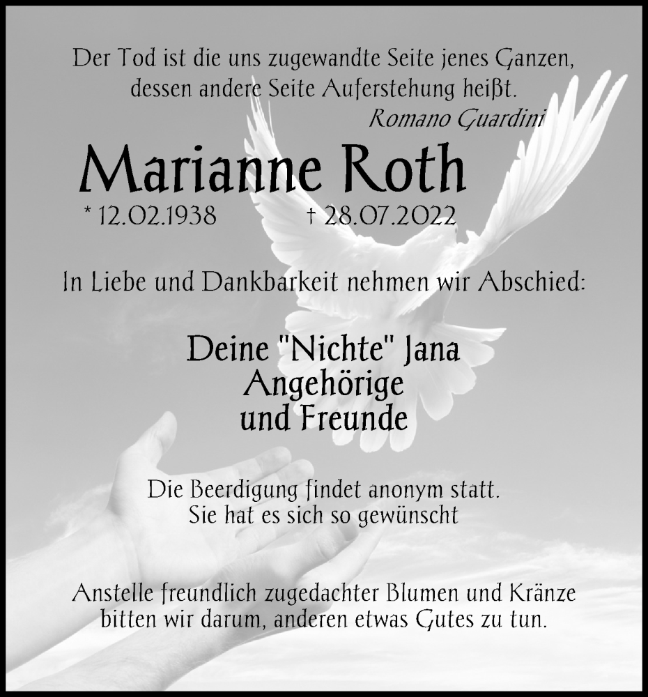 Traueranzeigen Von Marianne Roth WirTrauern