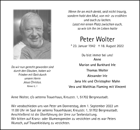 Traueranzeigen Von Peter Wolter WirTrauern