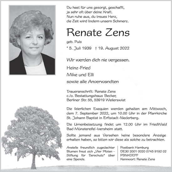 Traueranzeigen Von Renate Zens Wirtrauern