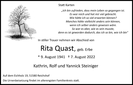 Traueranzeigen Von Rita Quast WirTrauern