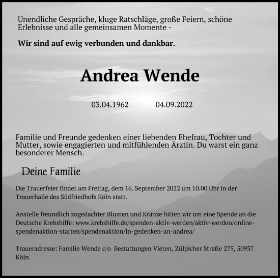 Traueranzeigen Von Andrea Wende Wirtrauern