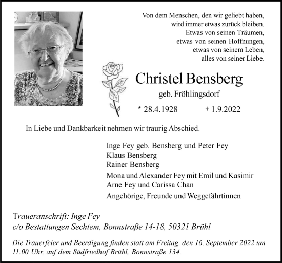 Traueranzeigen Von Christel Bensberg WirTrauern