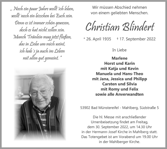 Traueranzeigen Von Christian Blindert WirTrauern