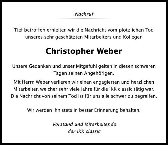 Traueranzeigen Von Christopher Weber WirTrauern