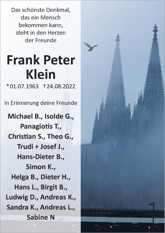 Traueranzeigen Von Frank Peter Klein Wirtrauern