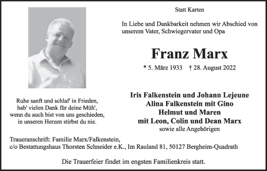 Traueranzeigen Von Franz Marx Wirtrauern