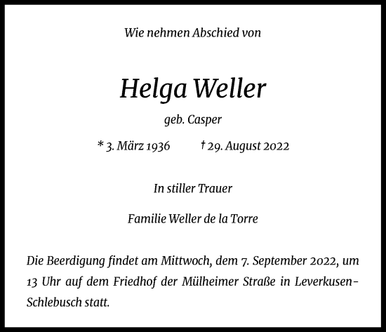 Traueranzeigen Von Helga Weller Wirtrauern