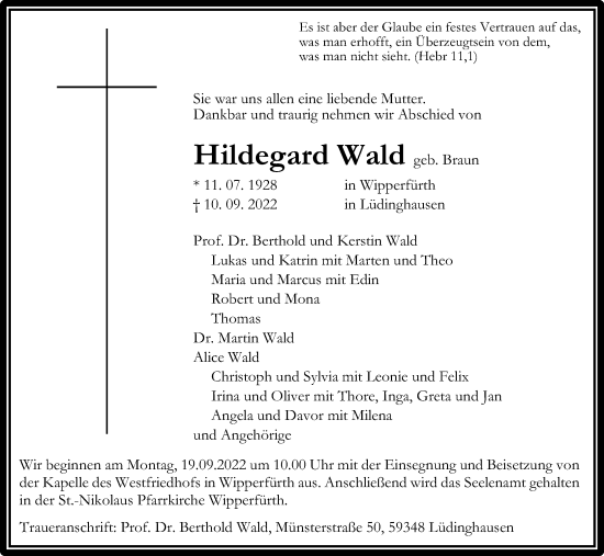 Traueranzeigen Von Hildegard Wald WirTrauern