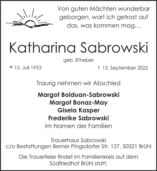 Traueranzeigen Von Katharina Sabrowski WirTrauern