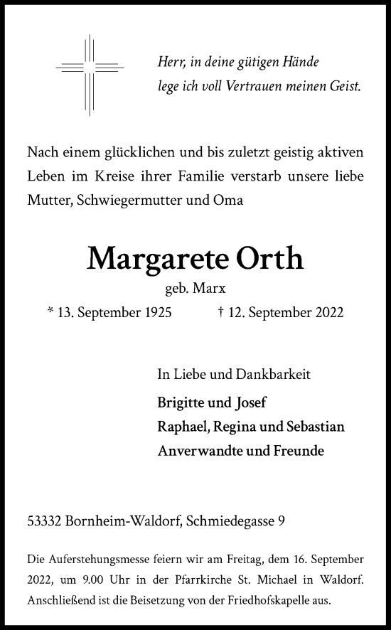 Traueranzeigen Von Margarete Orth WirTrauern