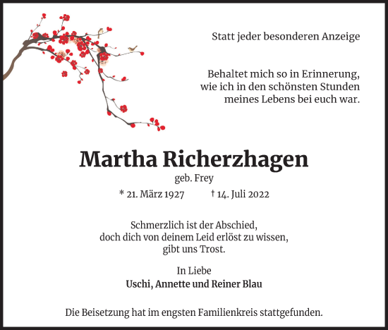 Traueranzeigen Von Martha Richerzhagen WirTrauern