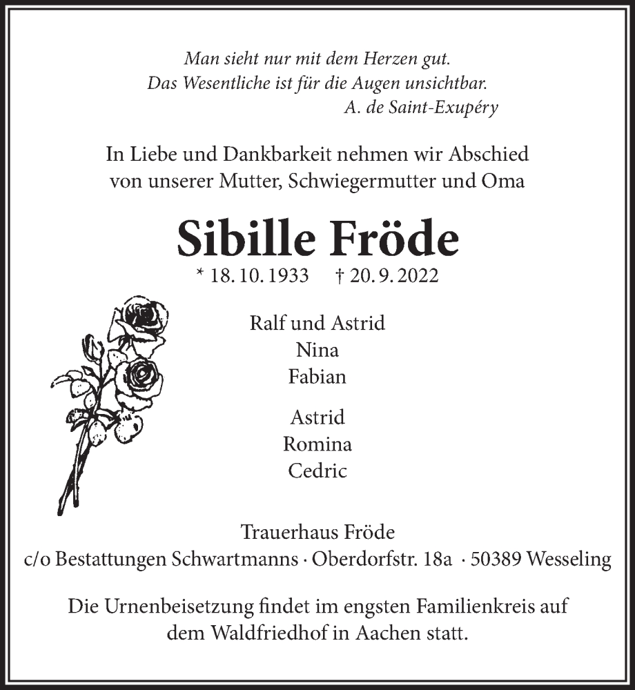 Traueranzeigen von Sibille Fröde WirTrauern