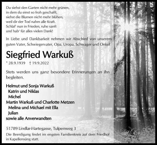 Traueranzeigen von Siegfried Warkuß WirTrauern