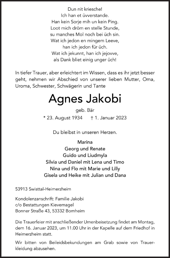 Traueranzeigen Von Agnes Jakobie WirTrauern