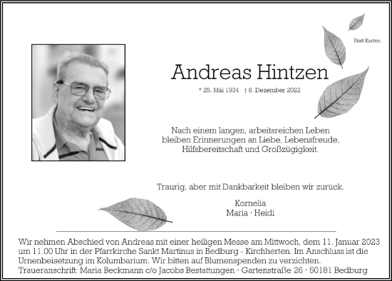 Traueranzeigen Von Andreas Hintzen Wirtrauern