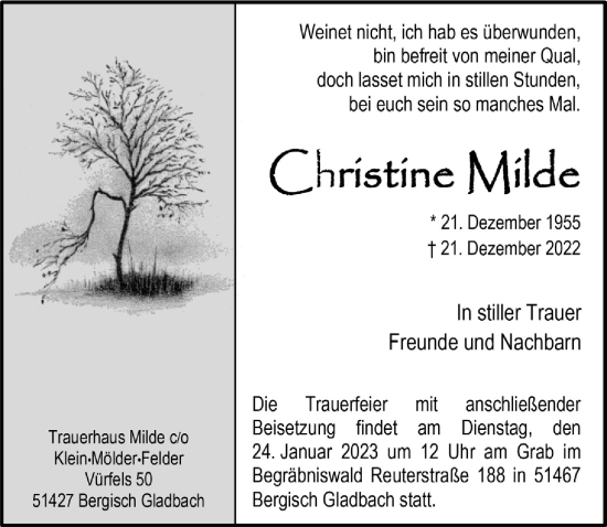 Traueranzeigen Von Christine Milde Wirtrauern