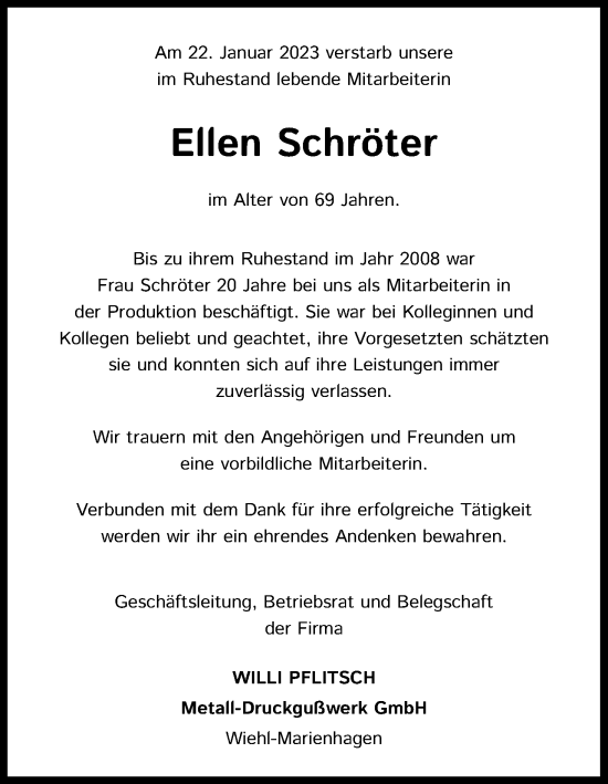 Traueranzeigen Von Ellen Schr Ter Wirtrauern