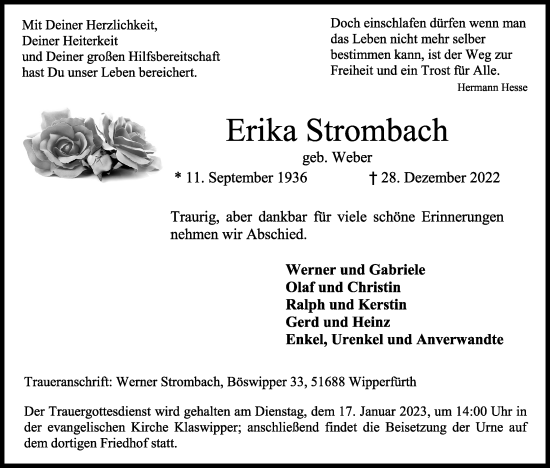 Traueranzeigen Von Erika Strombach Wirtrauern