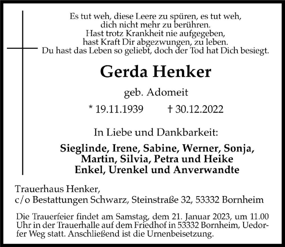 Traueranzeigen Von Gerda Henker WirTrauern