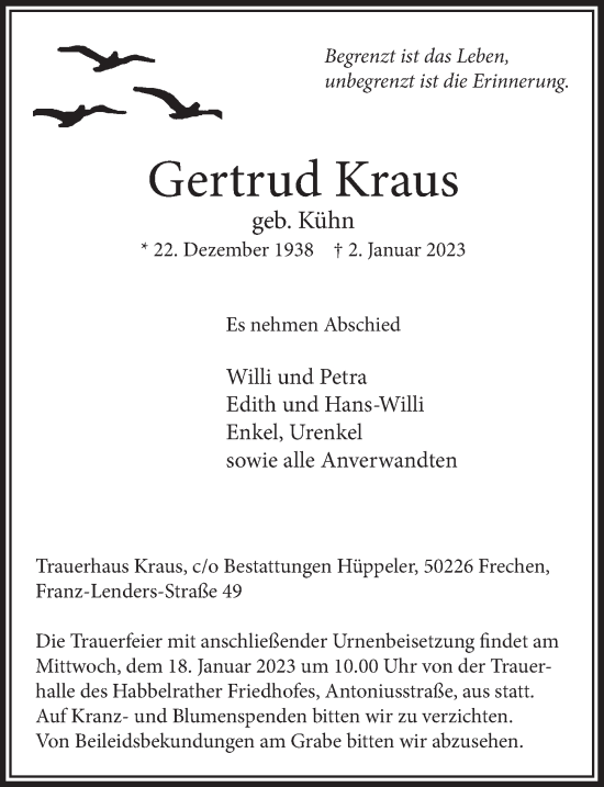 Traueranzeigen Von Gertrud Kraus Wirtrauern