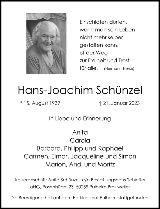 Traueranzeigen Von Hans Joachim Sch Nzel Wirtrauern