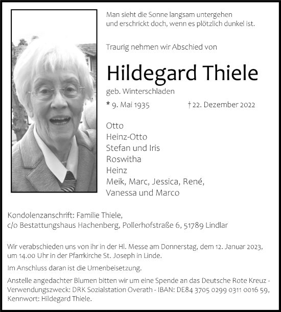 Traueranzeigen Von Hildegard Thiele Wirtrauern