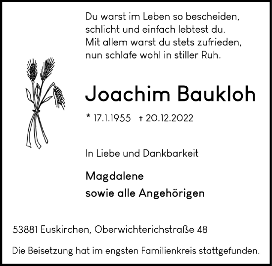 Traueranzeigen Von Joachim Baukloh Wirtrauern