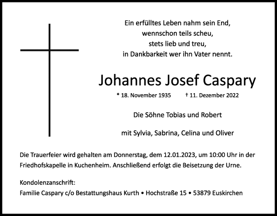 Traueranzeigen Von Johannes Josef Caspary WirTrauern